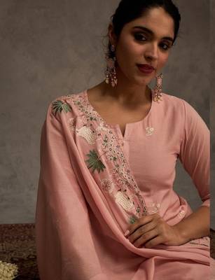 Ethnic motifs embroidered thread work pure cotton kurta & trousers with dupatta 2