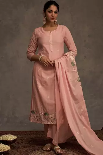 Ethnic motifs embroidered thread work pure cotton kurta & trousers with dupatta
