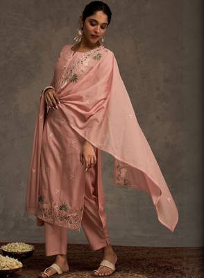 Ethnic motifs embroidered thread work pure cotton kurta & trousers with dupatta 1
