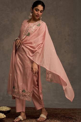 Ethnic motifs embroidered thread work pure cotton kurta & trousers with dupatta
