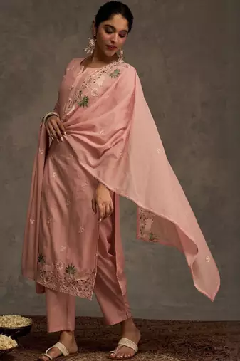 Ethnic motifs embroidered thread work pure cotton kurta & trousers with dupatta