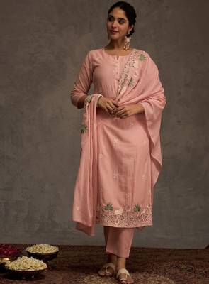 Ethnic motifs embroidered thread work pure cotton kurta & trousers with dupatta 4