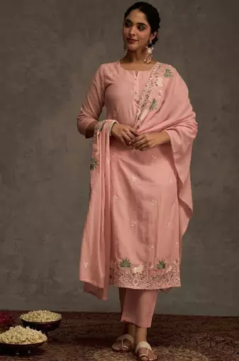 Ethnic motifs embroidered thread work pure cotton kurta & trousers with dupatta