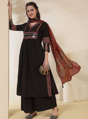 Ethnic motifs printed v-neck mirror work a-line kurta with palazzos & dupatta 1
