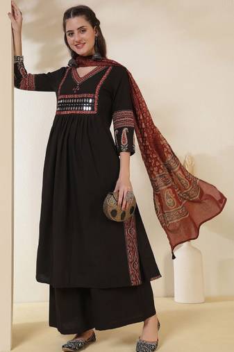 Ethnic motifs printed v-neck mirror work a-line kurta with palazzos & dupatta