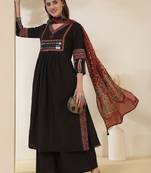 Ethnic motifs printed v-neck mirror work a-line kurta with palazzos & dupatta