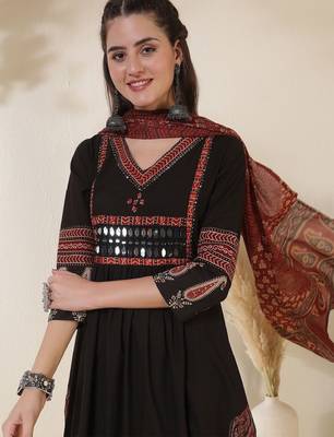 Ethnic motifs printed v-neck mirror work a-line kurta with palazzos & dupatta 2