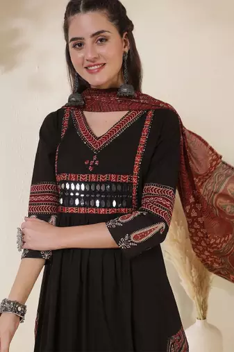 Ethnic motifs printed v-neck mirror work a-line kurta with palazzos & dupatta