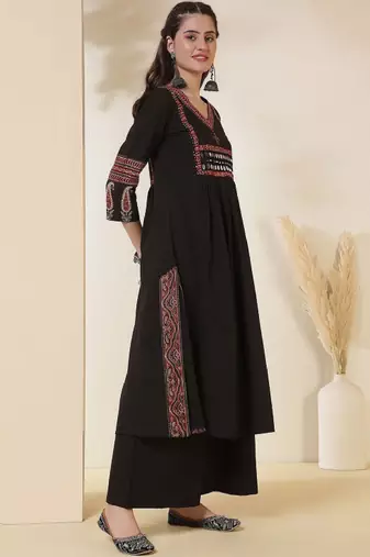 Ethnic motifs printed v-neck mirror work a-line kurta with palazzos & dupatta