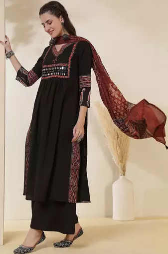 Ethnic motifs printed v-neck mirror work a-line kurta with palazzos & dupatta