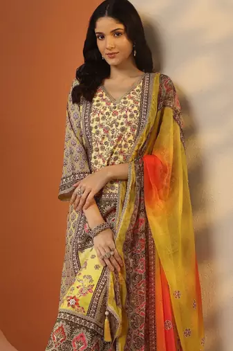 Ethnic motifs printed v-neck kurta with trousers & dupatta