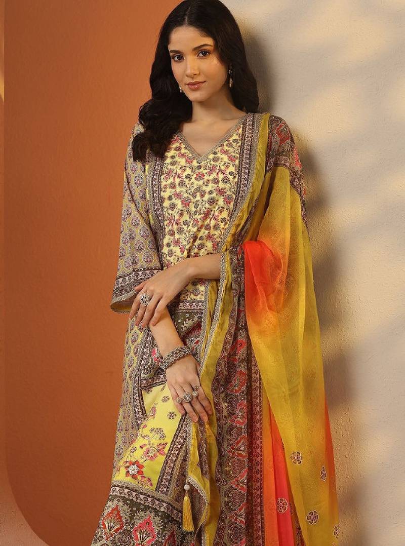 Ethnic motifs printed v-neck kurta with trousers & dupatta