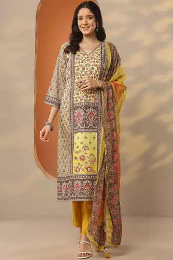 Ethnic motifs printed v-neck kurta with trousers & dupatta