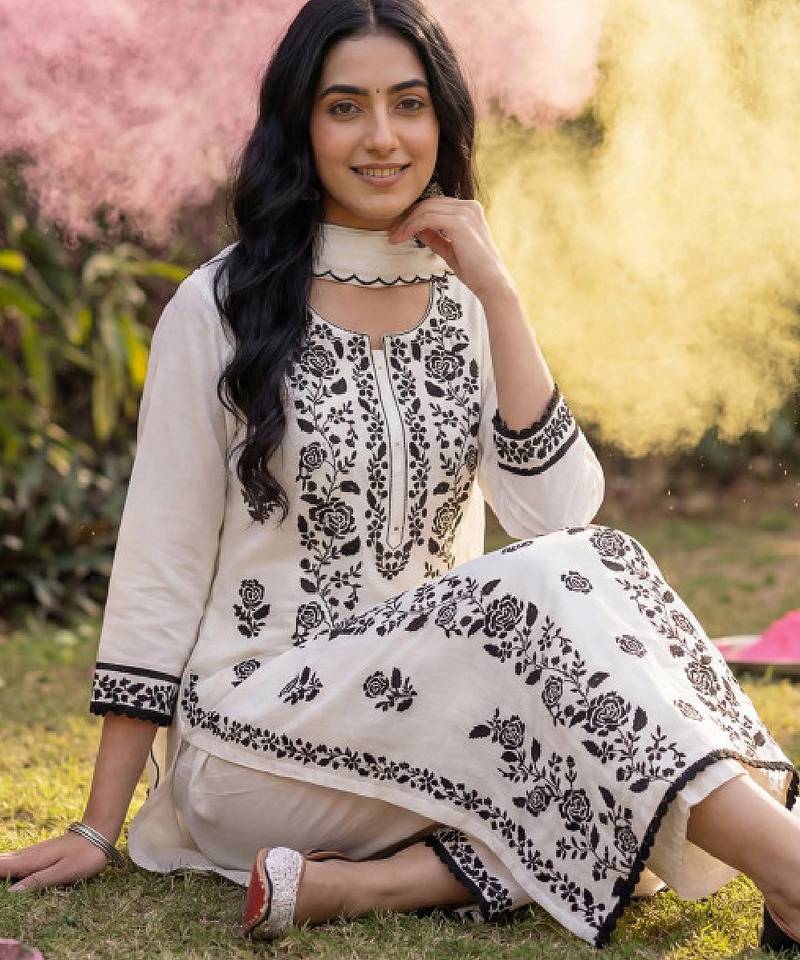 Ethnic motifs embroidered regular thread work kurta with trousers & dupatta
