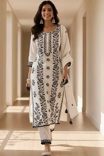 Ethnic motifs embroidered regular thread work kurta with trousers & dupatta