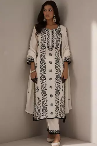 Ethnic motifs embroidered regular thread work kurta with trousers & dupatta