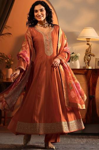 Ethnic motifs embroidered panelled thread work kurta with palazzos & dupatta