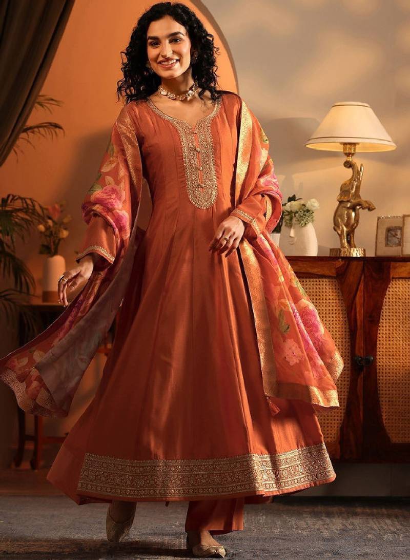 Ethnic motifs embroidered panelled thread work kurta with palazzos & dupatta