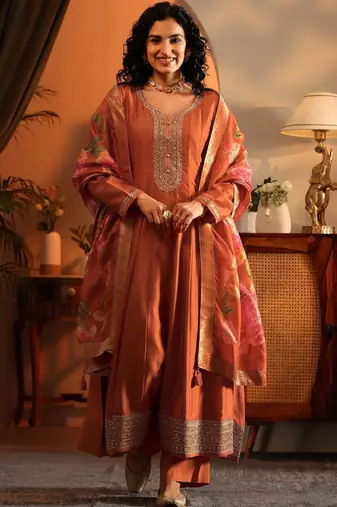 Ethnic motifs embroidered panelled thread work kurta with palazzos & dupatta