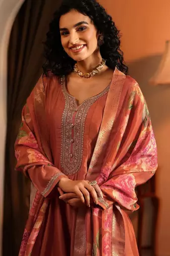 Ethnic motifs embroidered panelled thread work kurta with palazzos & dupatta
