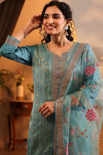 Floral woven design thread work straight kurta with trousers & dupatta