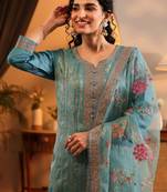 Floral woven design thread work straight kurta with trousers & dupatta