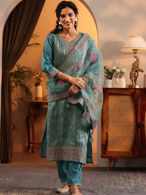 Floral woven design thread work straight kurta with trousers & dupatta 2