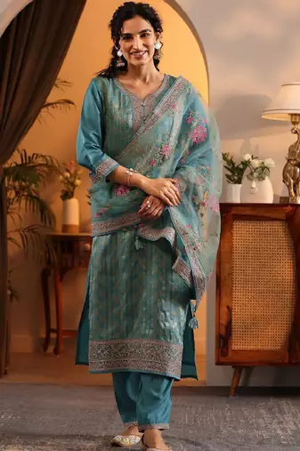 Floral woven design thread work straight kurta with trousers & dupatta