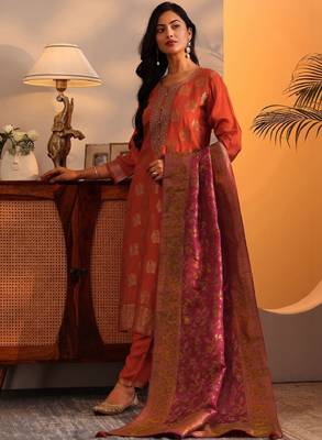 Woven design printed thread work straight kurta with harem pants & dupatta 1