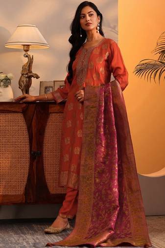 Woven design printed thread work straight kurta with harem pants & dupatta