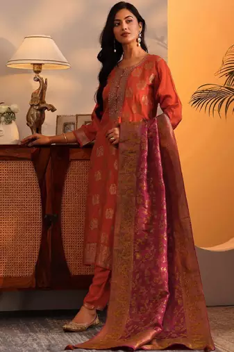 Woven design printed thread work straight kurta with harem pants & dupatta