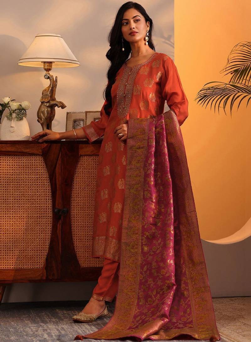 Woven design printed thread work straight kurta with harem pants & dupatta