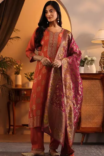 Woven design printed thread work straight kurta with harem pants & dupatta