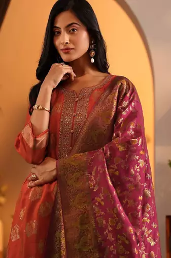 Woven design printed thread work straight kurta with harem pants & dupatta