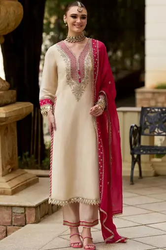 Ethnic motifs embroidered v-neck mirror work kurta with trousers & dupatta