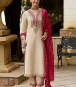 Ethnic motifs embroidered v-neck mirror work kurta with trousers & dupatta