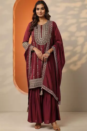 Women ethnic motifs embroidered regular thread work kurta with sharara & with dupatta