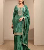 Women ethnic motifs printed regular thread work kurta with sharara & with dupatta