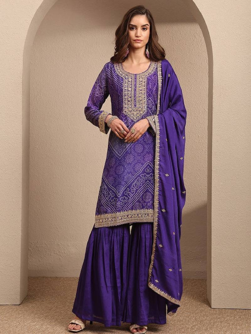 Women ethnic motifs printed regular gotta patti kurta with sharara & with dupatta