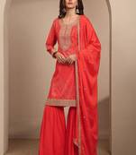 Women ethnic motifs printed regular thread work kurta with sharara & with dupatta