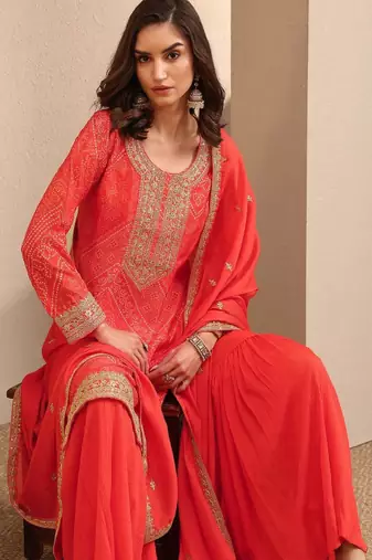 Women ethnic motifs printed regular thread work kurta with sharara & with dupatta