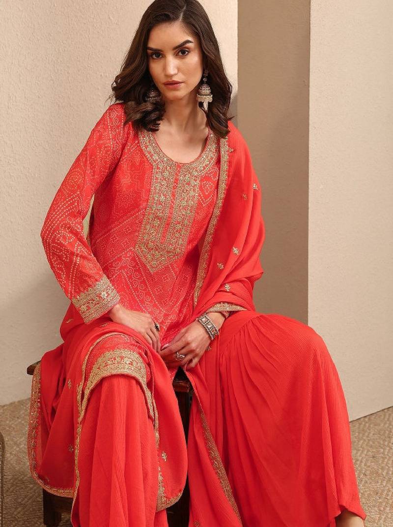 Women ethnic motifs printed regular thread work kurta with sharara & with dupatta