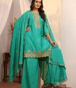 Women ethnic motifs embroidered regular sequinned kurta with sharara & with dupatta