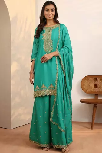 Women ethnic motifs embroidered regular sequinned kurta with sharara & with dupatta