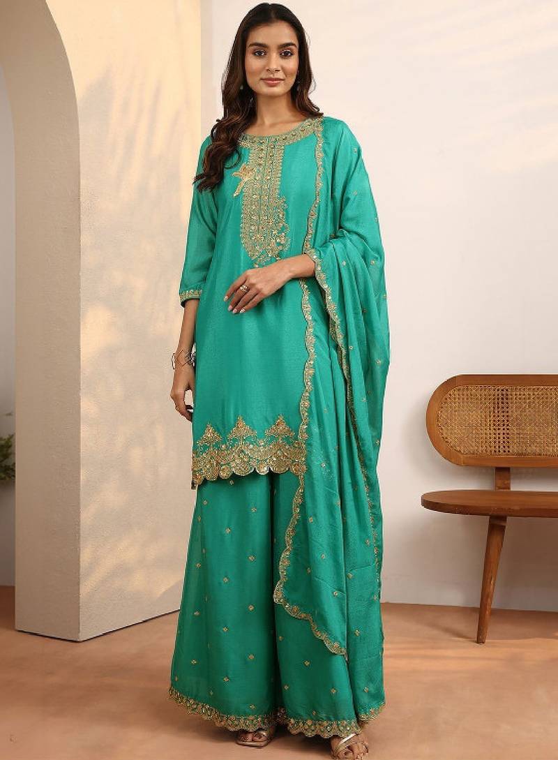 Women ethnic motifs embroidered regular sequinned kurta with sharara & with dupatta