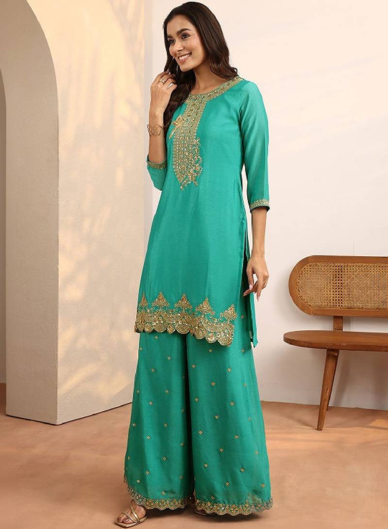 Women ethnic motifs embroidered regular sequinned kurta with sharara & with dupatta