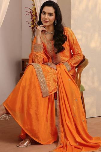 Women bandhani printed regular gotta patti kurta with sharara & with dupatta