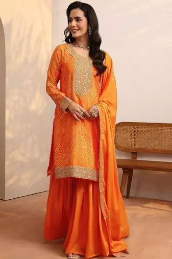 Women bandhani printed regular gotta patti kurta with sharara & with dupatta
