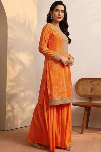 Women bandhani printed regular gotta patti kurta with sharara & with dupatta
