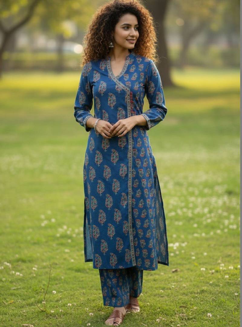 Women ethnic motifs printed angrakha pure cotton kurta with trousers